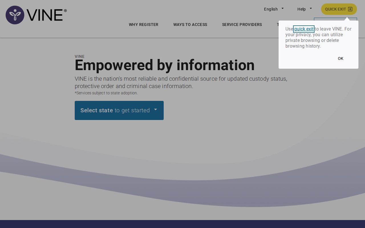 Blank VINELink custody alert registration screen