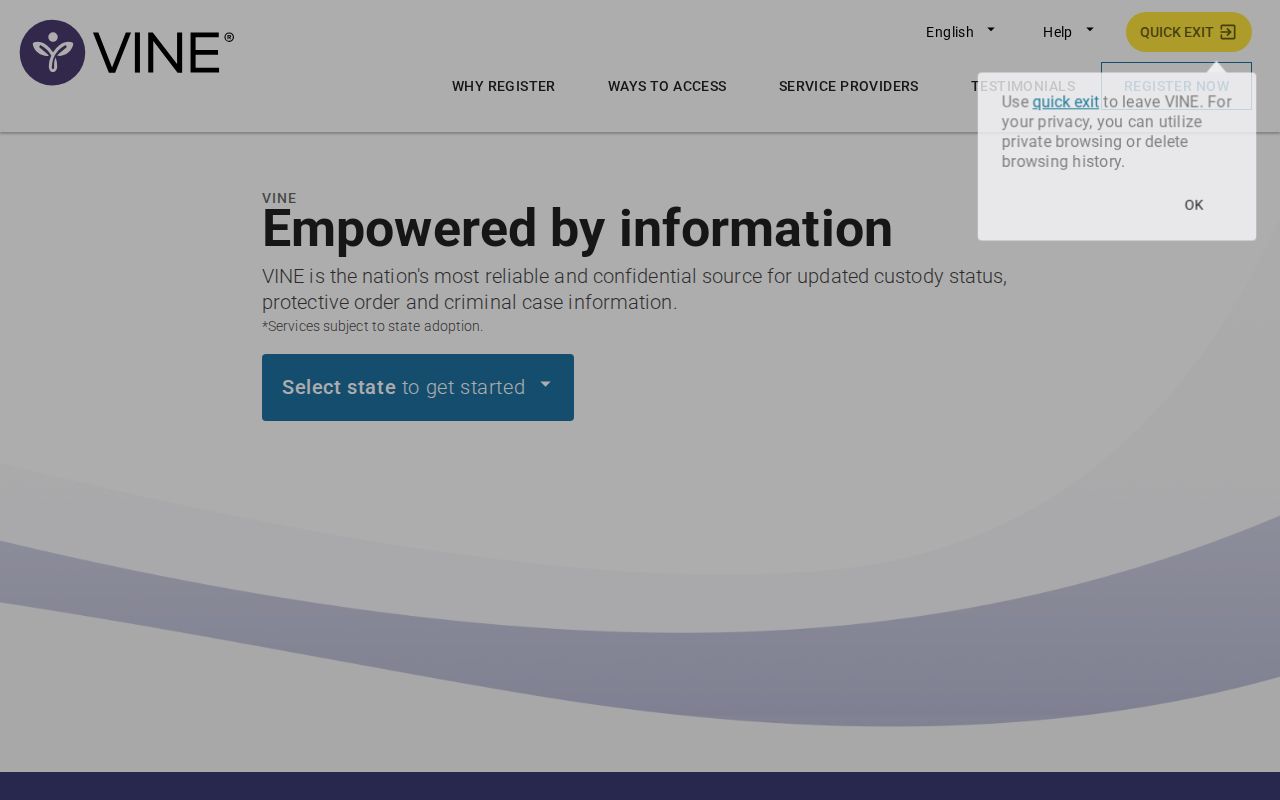 Blank VINELink Michigan person search with county selection