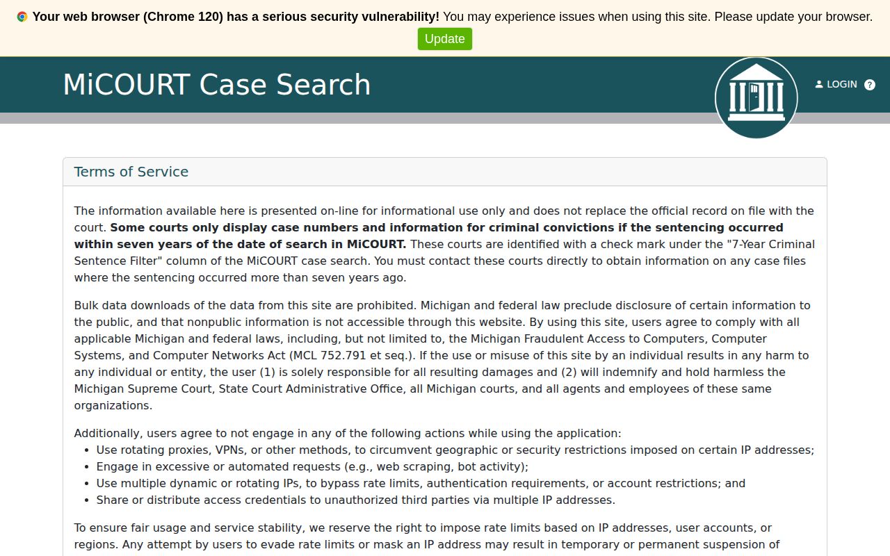 Michigan MiCOURT blank case search interface