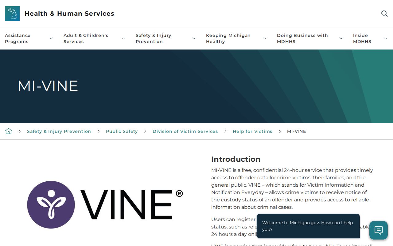 Michigan MI-VINE service description page