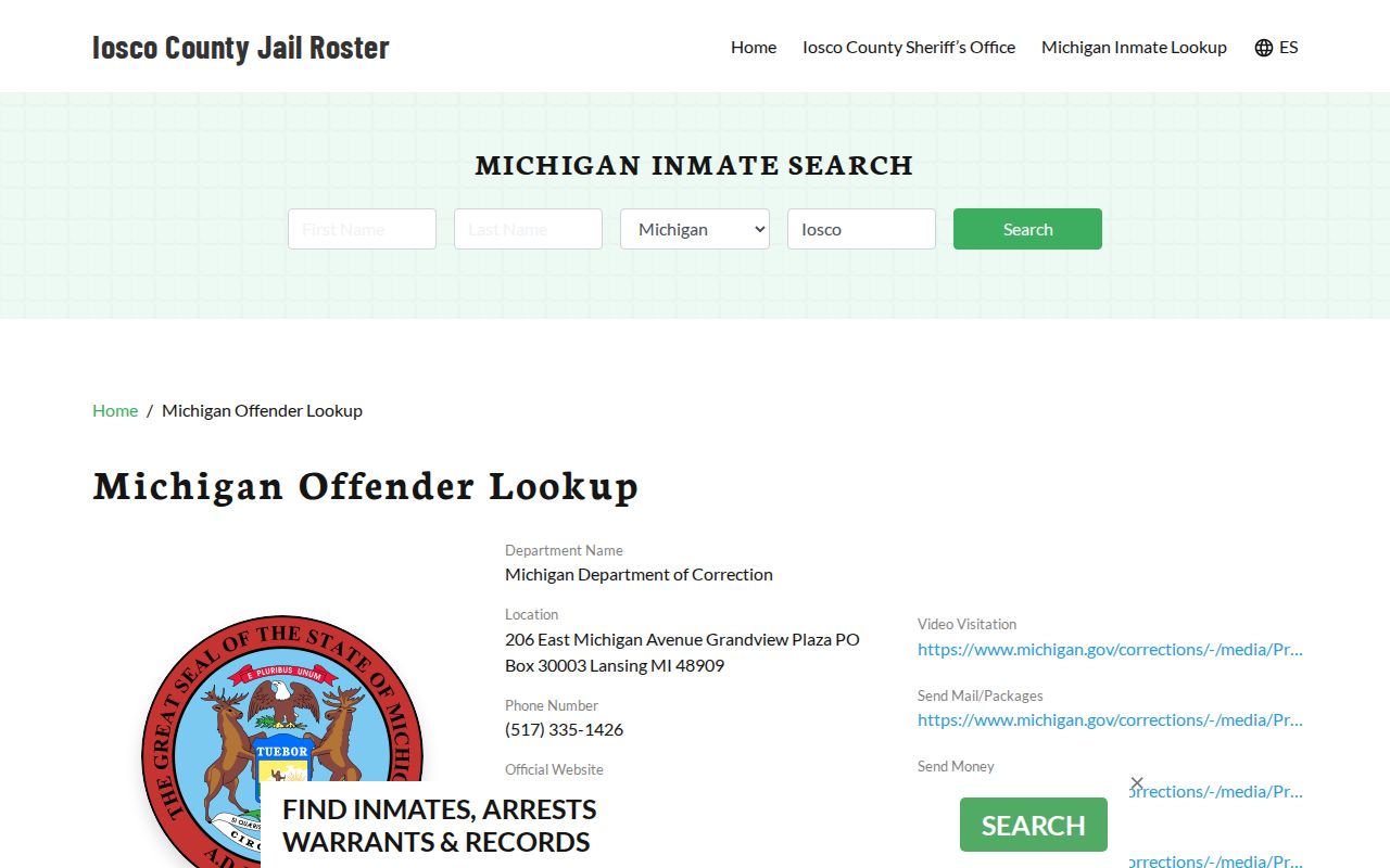 Unofficial IoscoCountyJail.org inmate search page
