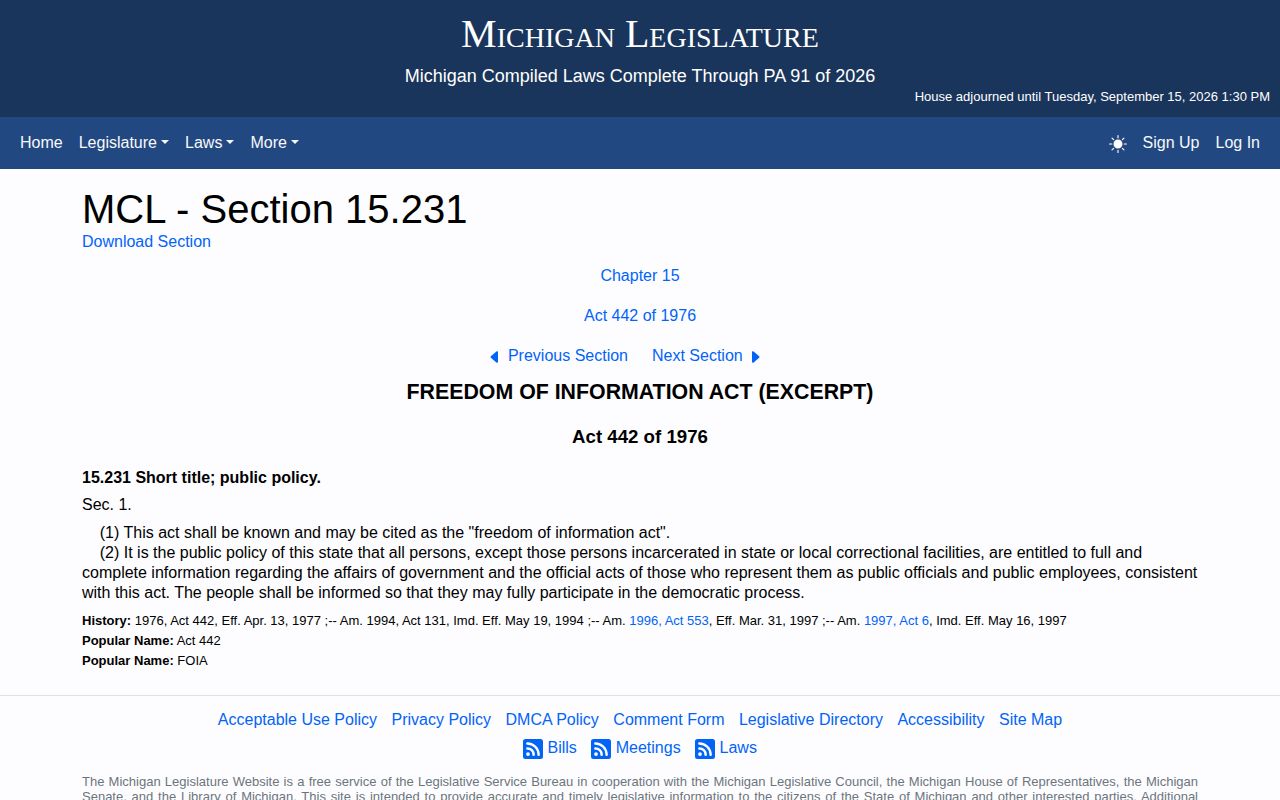 Michigan Freedom of Information Act statutory webpage used for Whittemore records requests